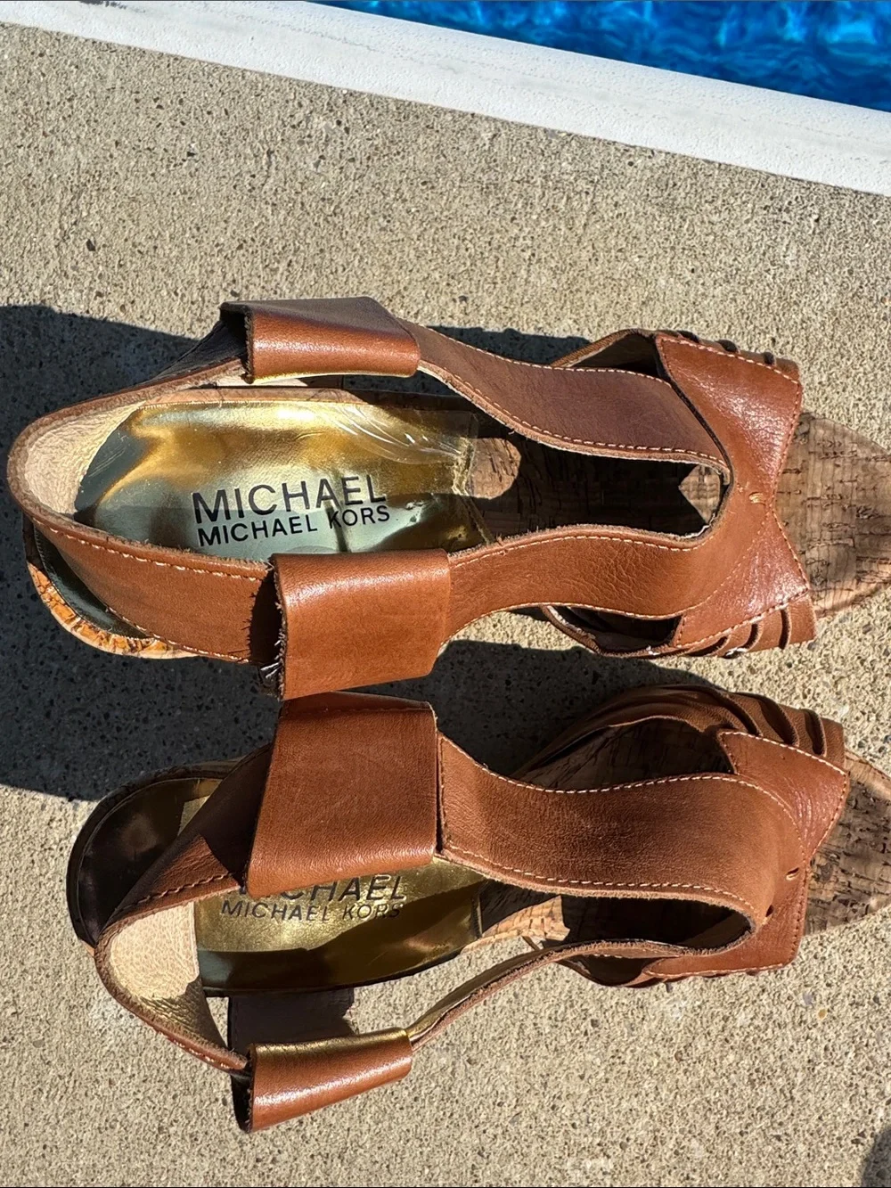 MICHAEL Michael Kors Brown Leather Cork-Accent Wedge Sandals 4 1/2 inches
